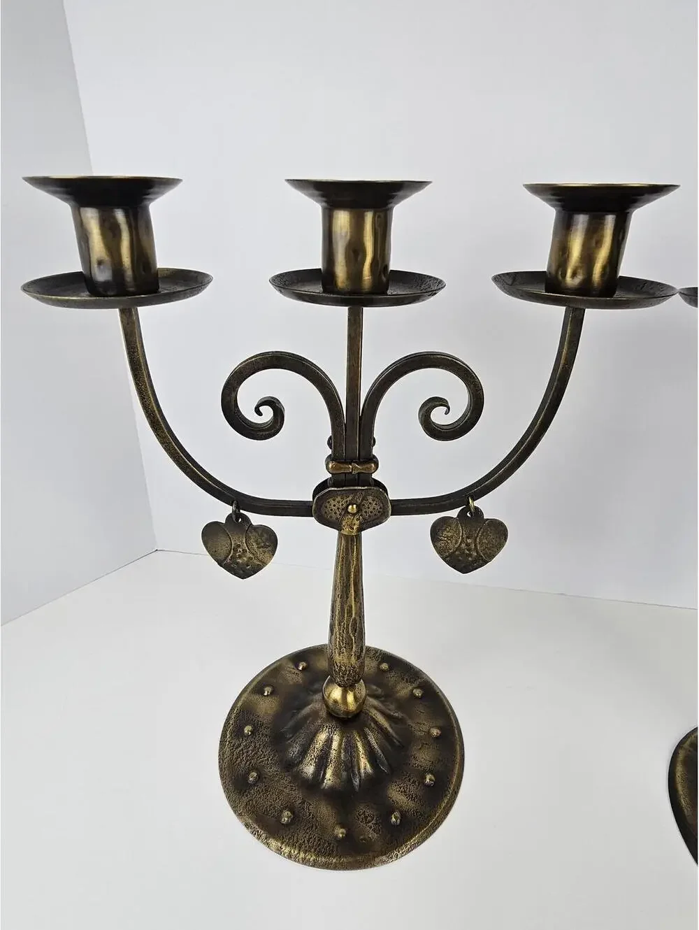 Vtg German Arts & Crafts Iron Candelabra Heart Gothic Jugendstil Candle Holders